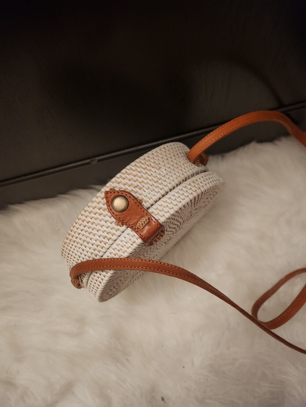 Bali White Woven Round Crossbody Bag with Tan Trim